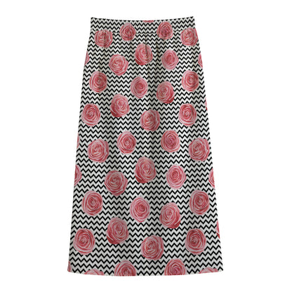Pink Rose Zigzag Pattern Print Cotton Front Slit Maxi Skirt