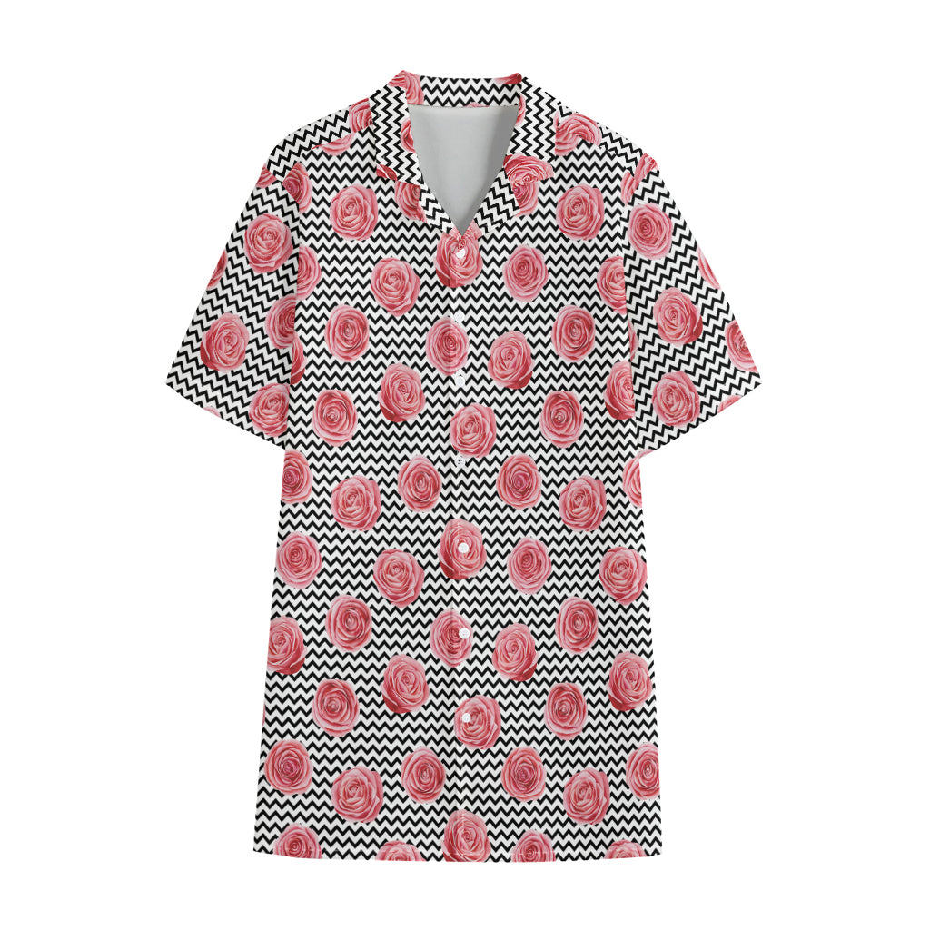 Pink Rose Zigzag Pattern Print Cotton Hawaiian Shirt