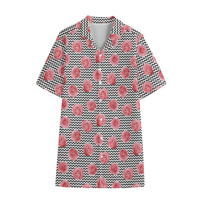 Pink Rose Zigzag Pattern Print Cotton Hawaiian Shirt