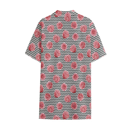 Pink Rose Zigzag Pattern Print Cotton Hawaiian Shirt