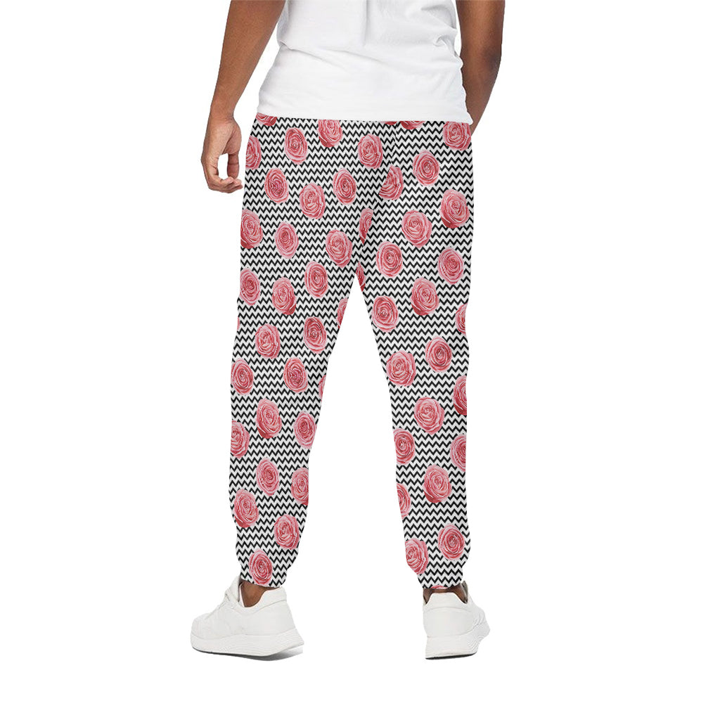 Pink Rose Zigzag Pattern Print Cotton Pants