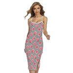 Pink Rose Zigzag Pattern Print Cross Back Cami Dress