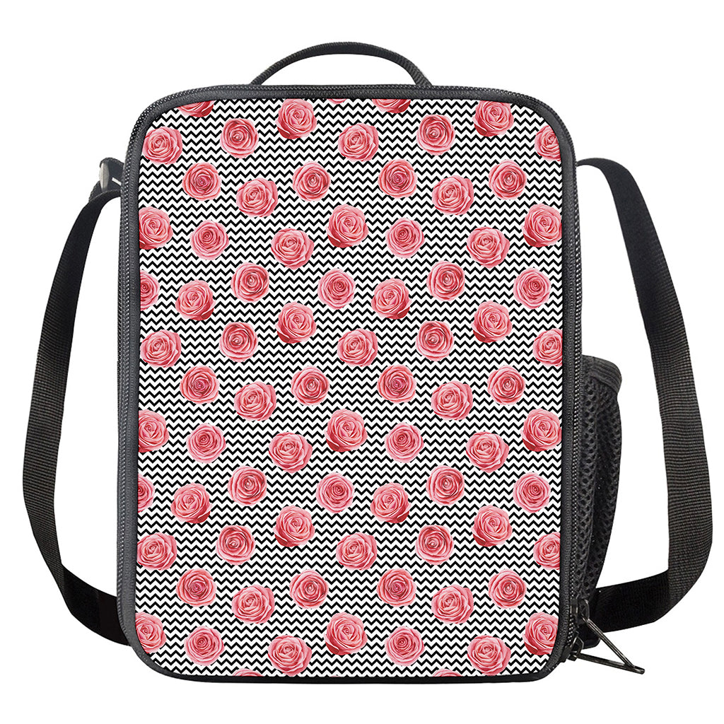 Pink Rose Zigzag Pattern Print Crossbody Lunch Bag