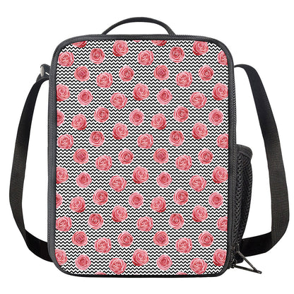 Pink Rose Zigzag Pattern Print Crossbody Lunch Bag