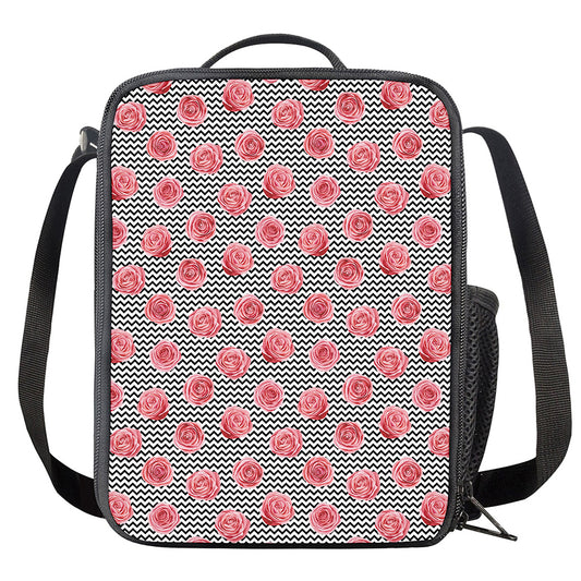 Pink Rose Zigzag Pattern Print Crossbody Lunch Bag
