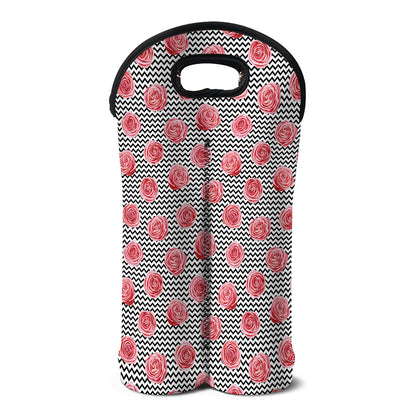 Pink Rose Zigzag Pattern Print Double Neoprene Wine Tote