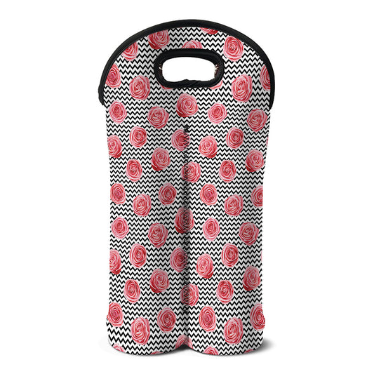 Pink Rose Zigzag Pattern Print Double Neoprene Wine Tote