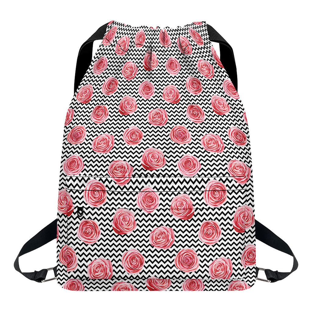 Pink Rose Zigzag Pattern Print Drawstring Backpack