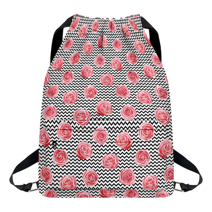 Pink Rose Zigzag Pattern Print Drawstring Backpack