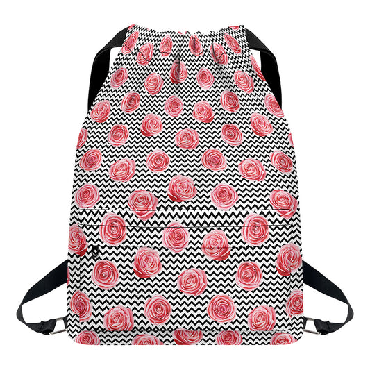 Pink Rose Zigzag Pattern Print Drawstring Backpack