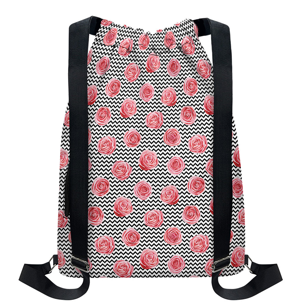 Pink Rose Zigzag Pattern Print Drawstring Backpack