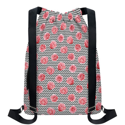 Pink Rose Zigzag Pattern Print Drawstring Backpack
