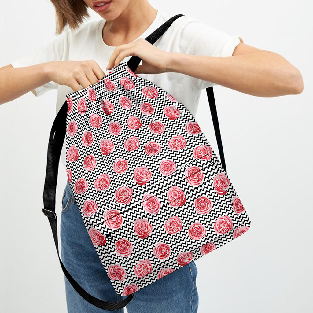 Pink Rose Zigzag Pattern Print Drawstring Backpack