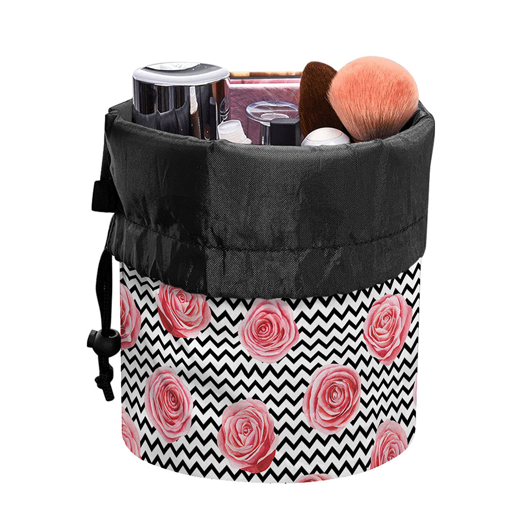 Pink Rose Zigzag Pattern Print Drawstring Makeup Bag