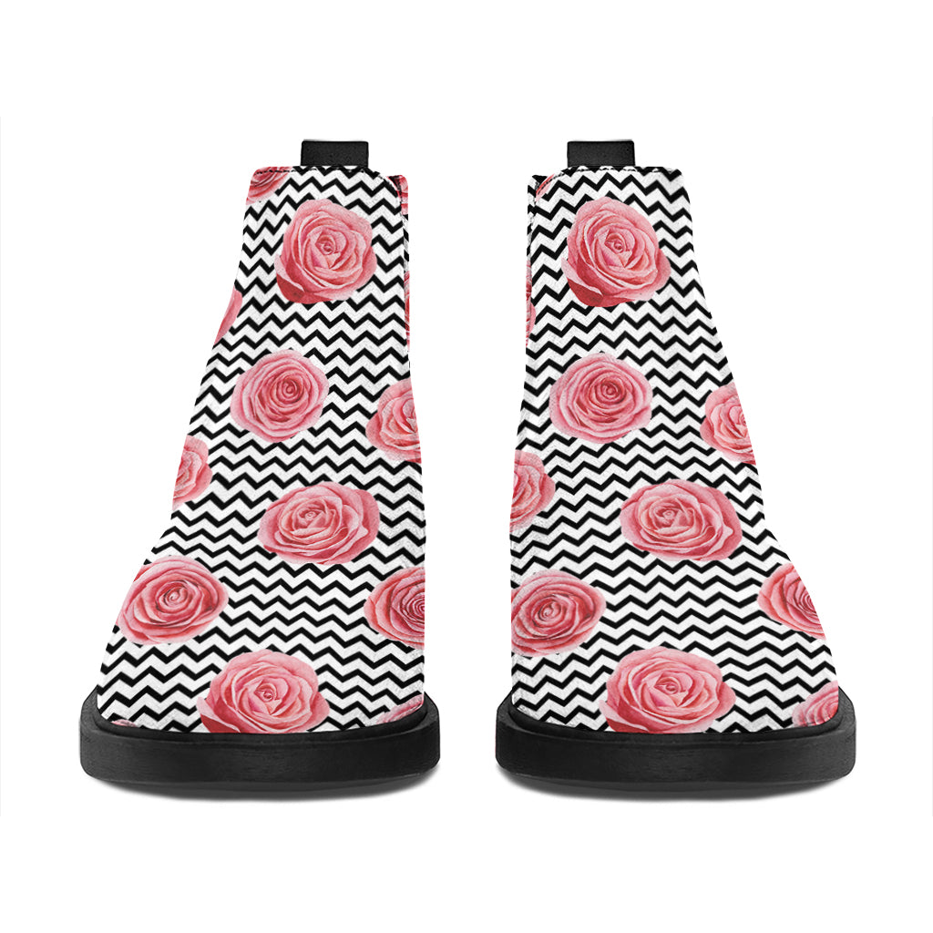 Pink Rose Zigzag Pattern Print Flat Ankle Boots