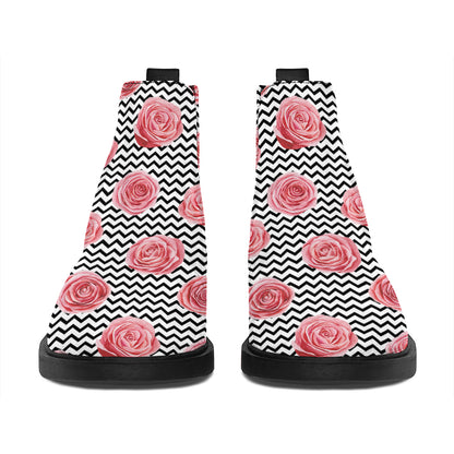 Pink Rose Zigzag Pattern Print Flat Ankle Boots