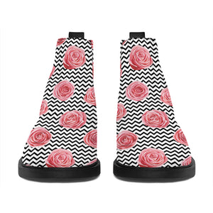 Pink Rose Zigzag Pattern Print Flat Ankle Boots