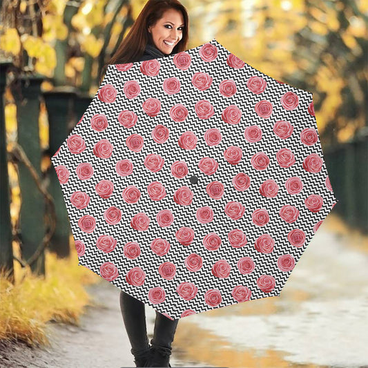 Pink Rose Zigzag Pattern Print Foldable Umbrella