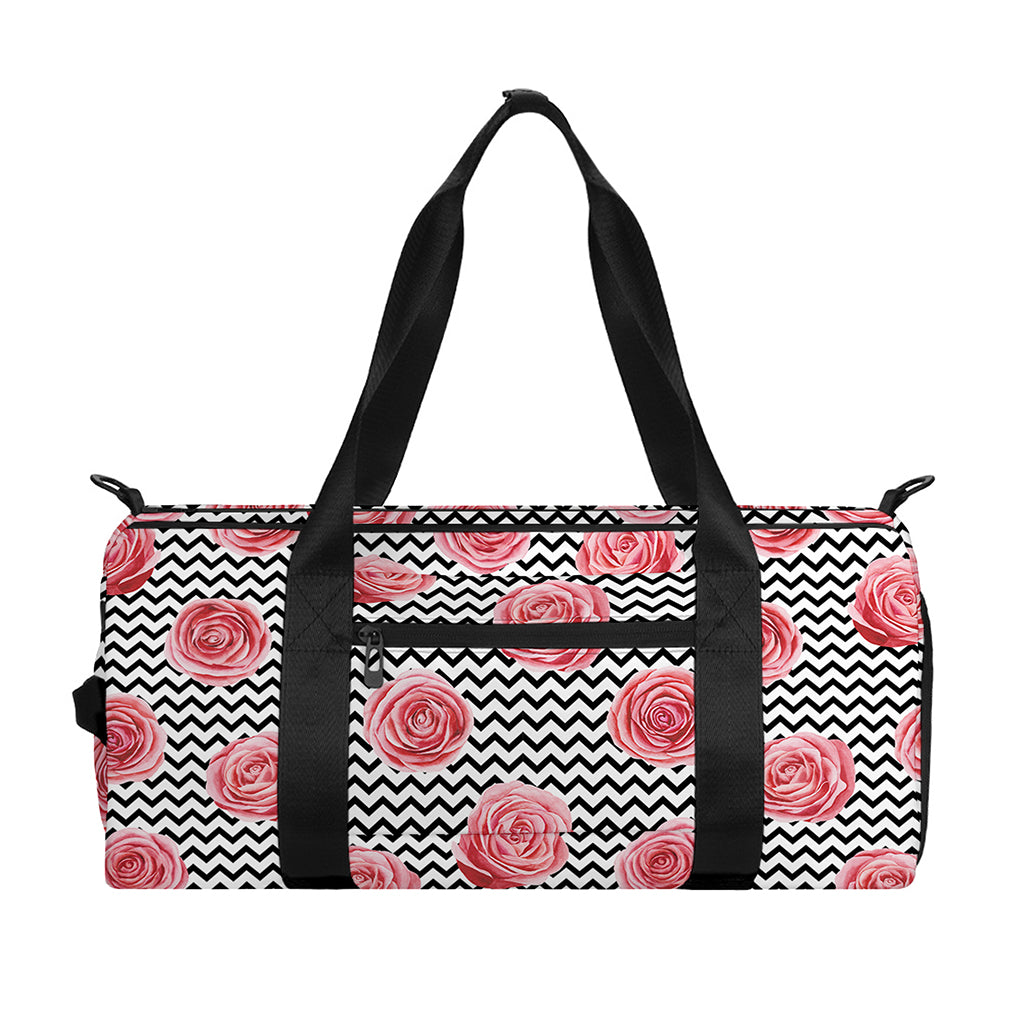 Pink Rose Zigzag Pattern Print Gym Bag