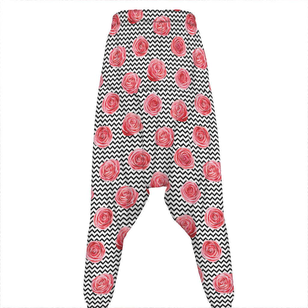 Pink Rose Zigzag Pattern Print Hammer Pants