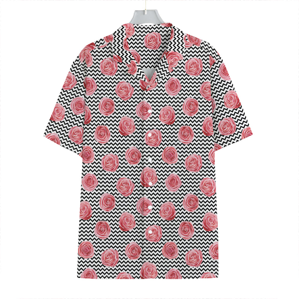 Pink Rose Zigzag Pattern Print Hawaiian Shirt