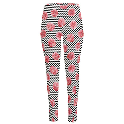 Pink Rose Zigzag Pattern Print High-Waisted Pocket Leggings