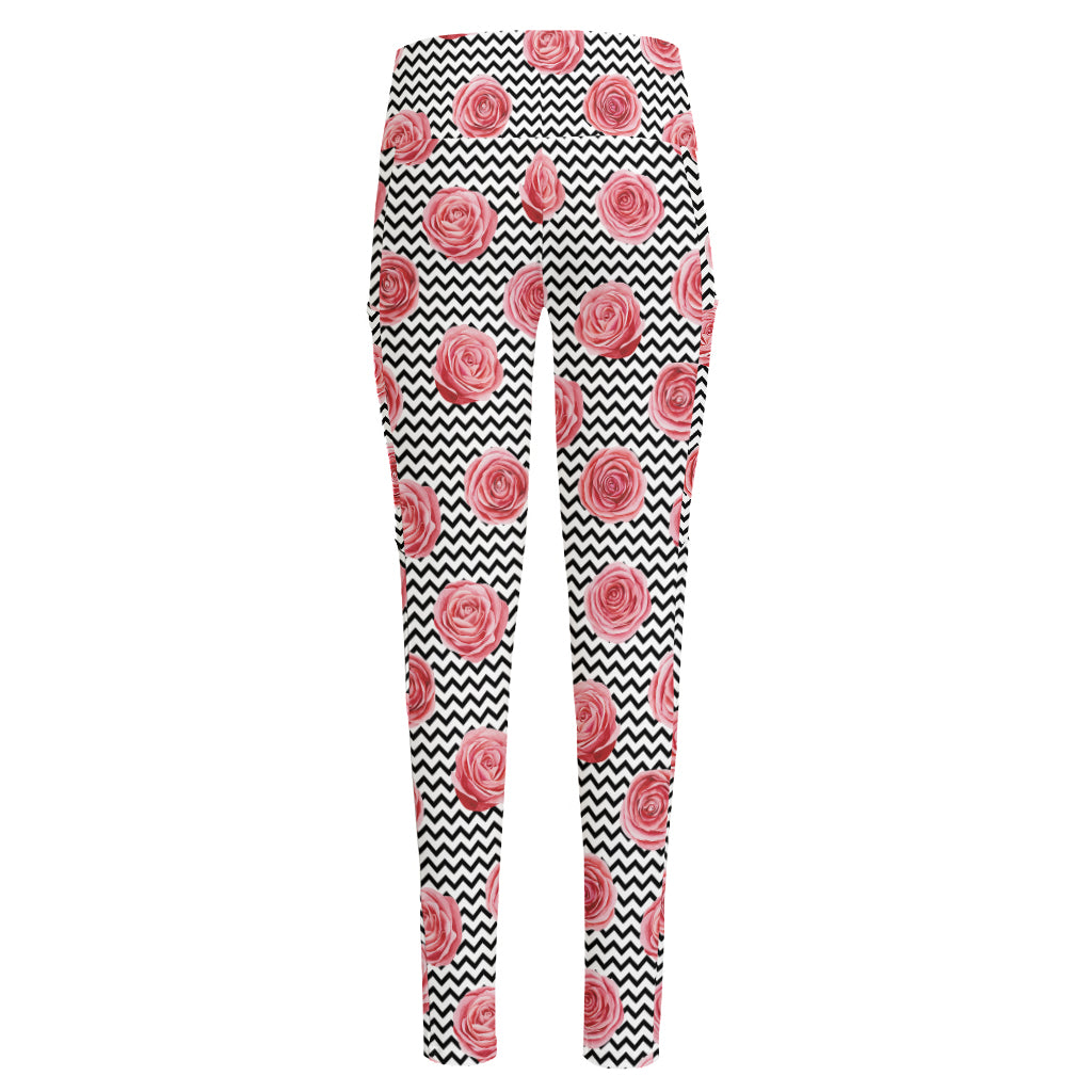 Pink Rose Zigzag Pattern Print High-Waisted Pocket Leggings