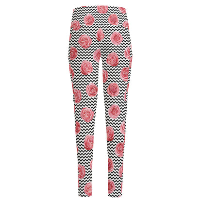 Pink Rose Zigzag Pattern Print High-Waisted Pocket Leggings