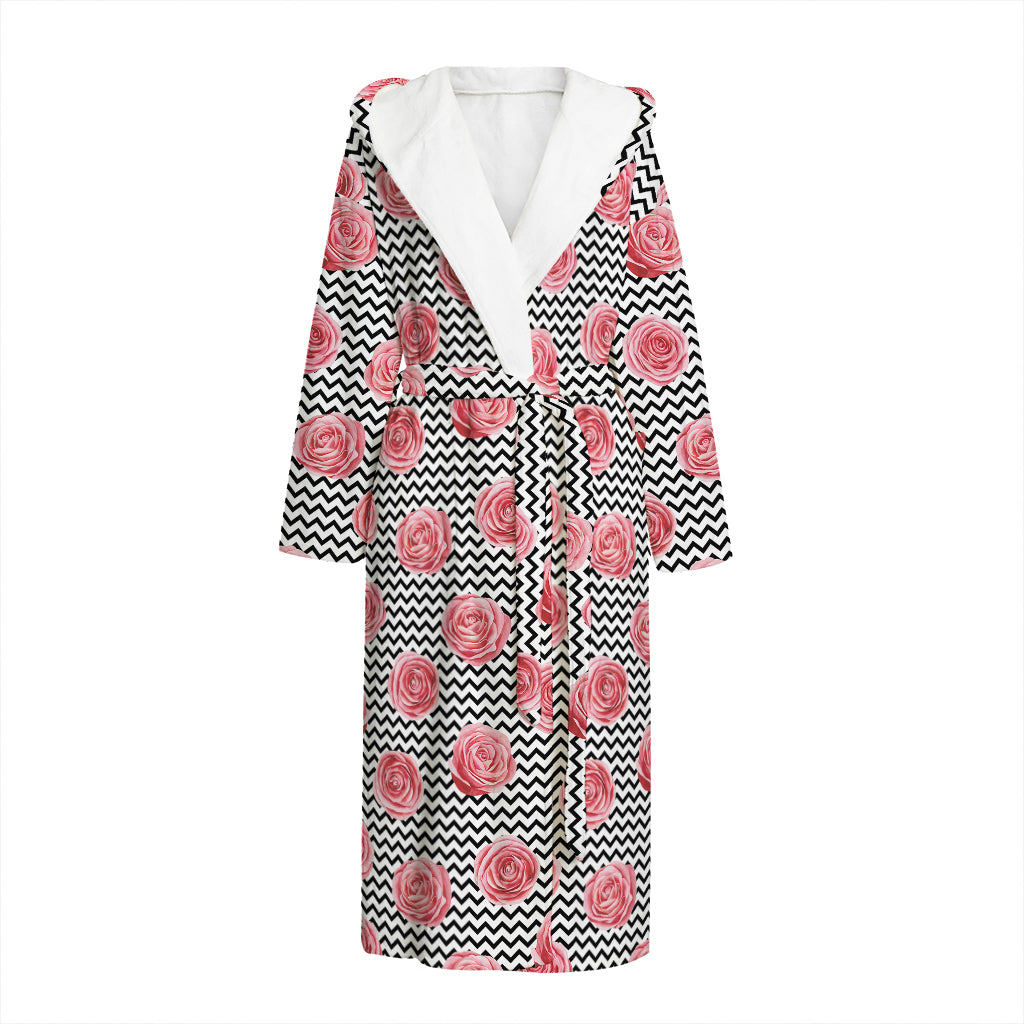 Pink Rose Zigzag Pattern Print Hooded Bathrobe