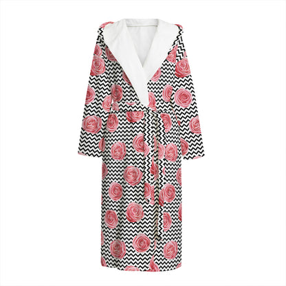 Pink Rose Zigzag Pattern Print Hooded Bathrobe