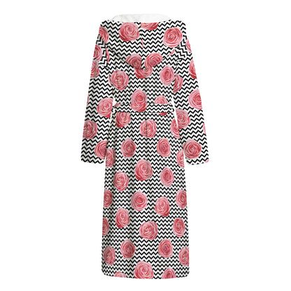 Pink Rose Zigzag Pattern Print Hooded Bathrobe