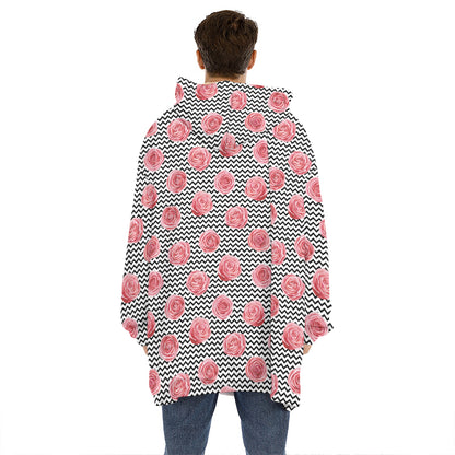 Pink Rose Zigzag Pattern Print Hoodie Blanket