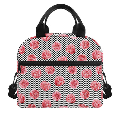 Pink Rose Zigzag Pattern Print Insulated Lunch Bag