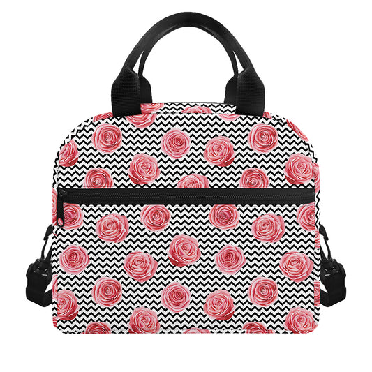 Pink Rose Zigzag Pattern Print Insulated Lunch Bag