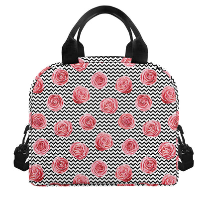 Pink Rose Zigzag Pattern Print Insulated Lunch Bag