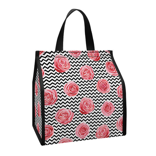 Pink Rose Zigzag Pattern Print Insulated Lunch Tote