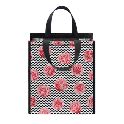 Pink Rose Zigzag Pattern Print Insulated Lunch Tote