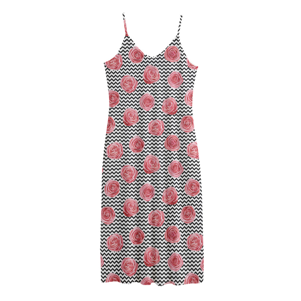 Pink Rose Zigzag Pattern Print Jersey Midi Cami Dress