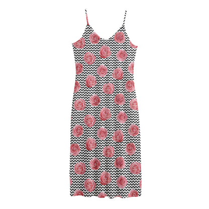 Pink Rose Zigzag Pattern Print Jersey Midi Cami Dress