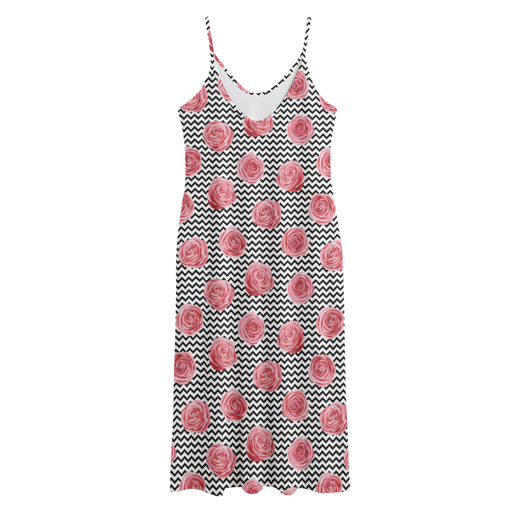 Pink Rose Zigzag Pattern Print Jersey Midi Cami Dress