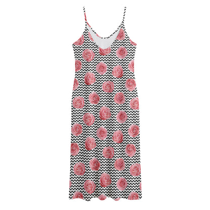 Pink Rose Zigzag Pattern Print Jersey Midi Cami Dress