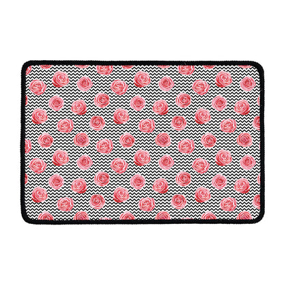 Pink Rose Zigzag Pattern Print Kitchen Mat