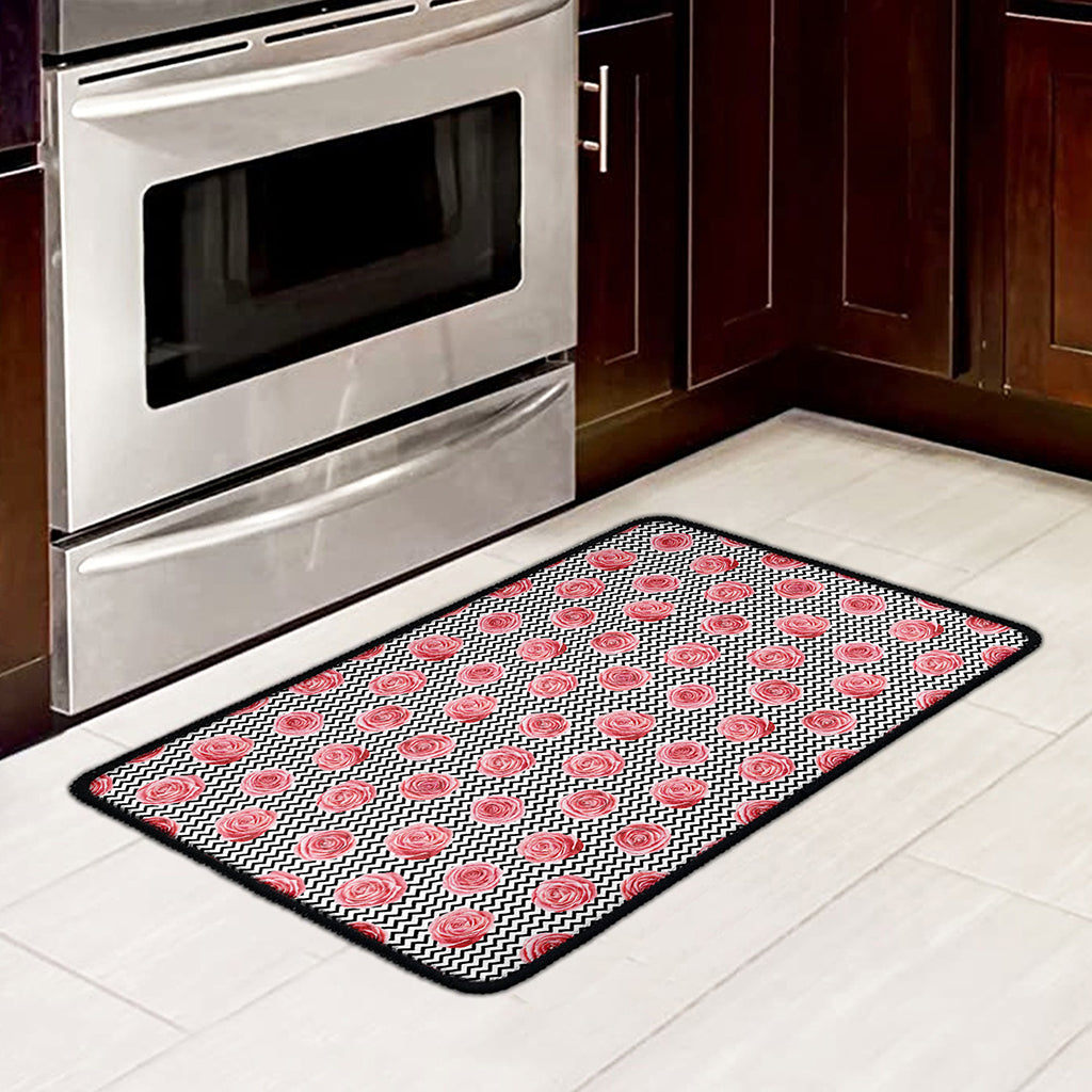 Pink Rose Zigzag Pattern Print Kitchen Mat