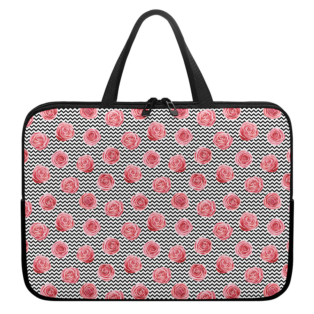 Pink Rose Zigzag Pattern Print Laptop Sleeve With Handle
