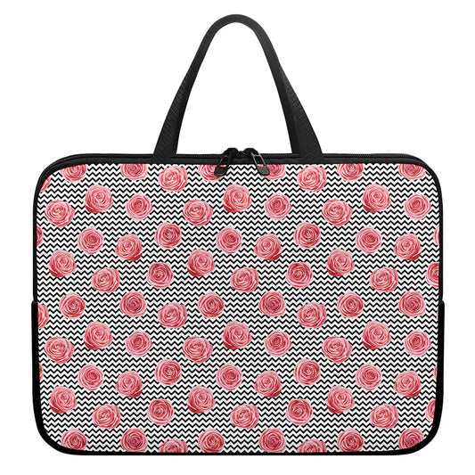 Pink Rose Zigzag Pattern Print Laptop Sleeve With Handle