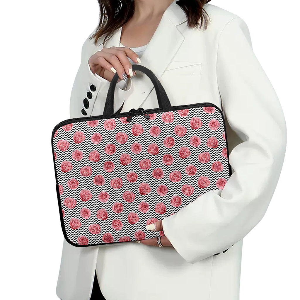 Pink Rose Zigzag Pattern Print Laptop Sleeve With Handle