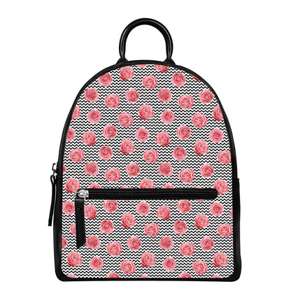 Pink Rose Zigzag Pattern Print Leather Backpack