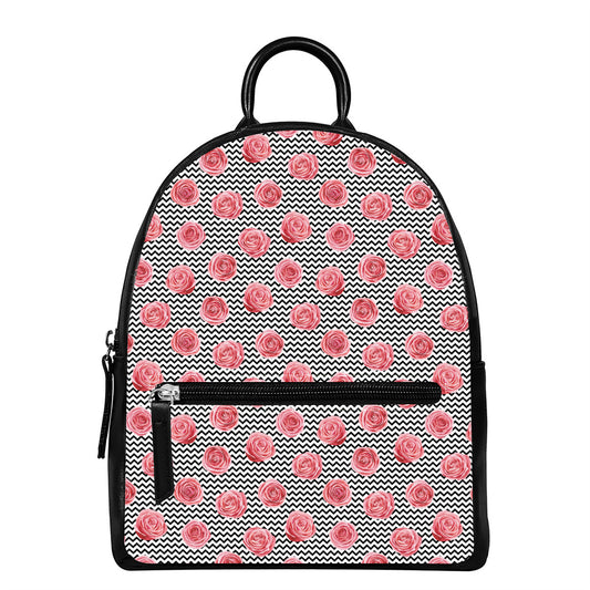 Pink Rose Zigzag Pattern Print Leather Backpack
