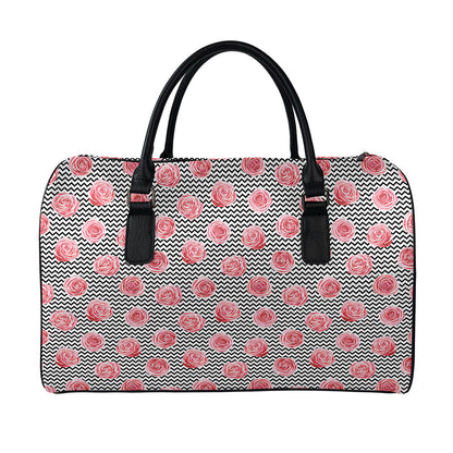 Pink Rose Zigzag Pattern Print Leather Duffle Bag