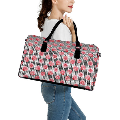 Pink Rose Zigzag Pattern Print Leather Duffle Bag